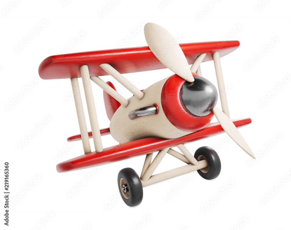 Wooden toy airplane 3D render illustration isolated on white background - obrazy, fototapety, plakaty 