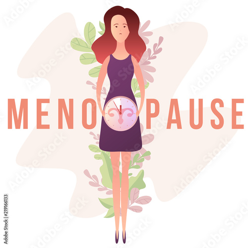 Concept of menopause in the form of woman with a clock and female genital organs