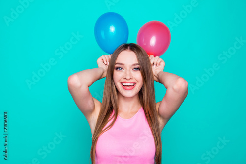 Portrait of young perfect straight-haired cheerful girl wearing 