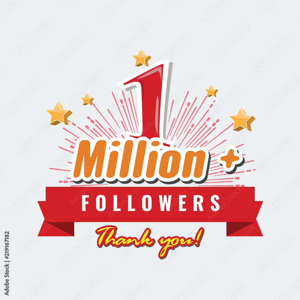 Obraz premium 1 Million followers or subscribers achivement symbol design with ribbon and star for social media. Vector illustration.