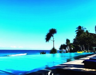 Gordijnen Koraalgroen Oil painting. Art print for wall decor. Acrylic artwork. Big size poster. Watercolor drawing. Modern style fine art. Painting for sale. Tropical exotic resort. Beautiful wild coast. Paradise landscape  © Pavel