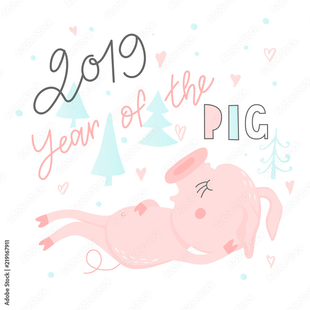 Postcard with cute funny pig - symbol of the year in the Chinese calendar 2019. Piggy cartoon character. Vector illustration. Postcard with cute funny pig - symbol of the year in the Chinese calendar 2019. Piggy cartoon character. Vector illustration.