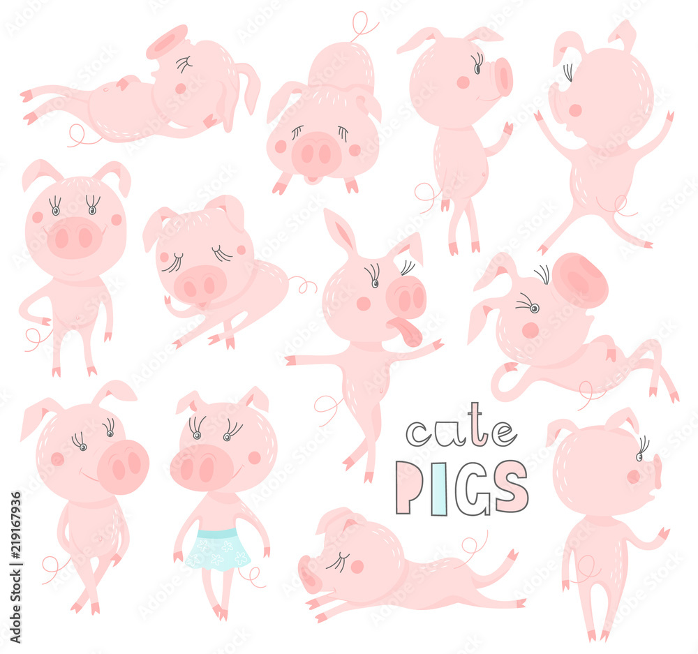 Set of funny and cute pigs. Symbol of the year in the Chinese calendar 2019. Piggy cartoon character. Vector illustration.