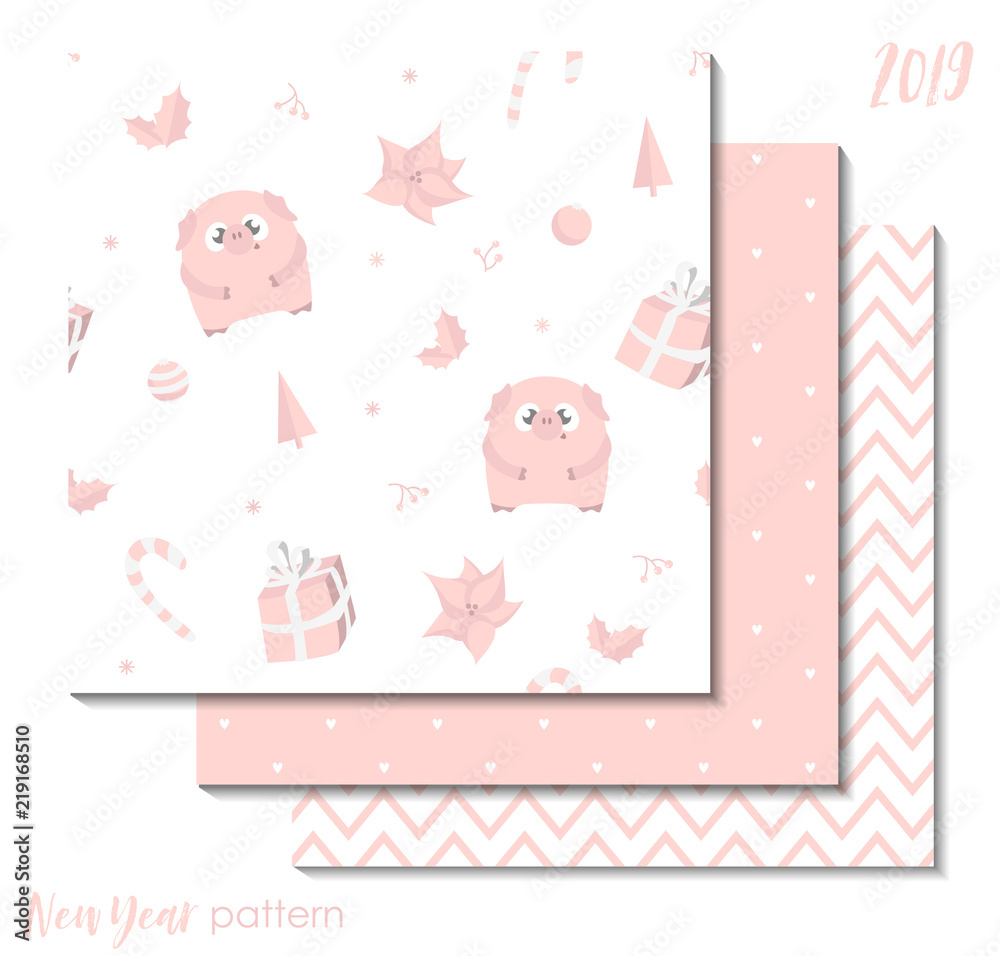 Set of New Year 2019 seamless patterns with pink pigs for scrapbooking Set of New Year 2019 seamless patterns with pink pigs for scrapbooking