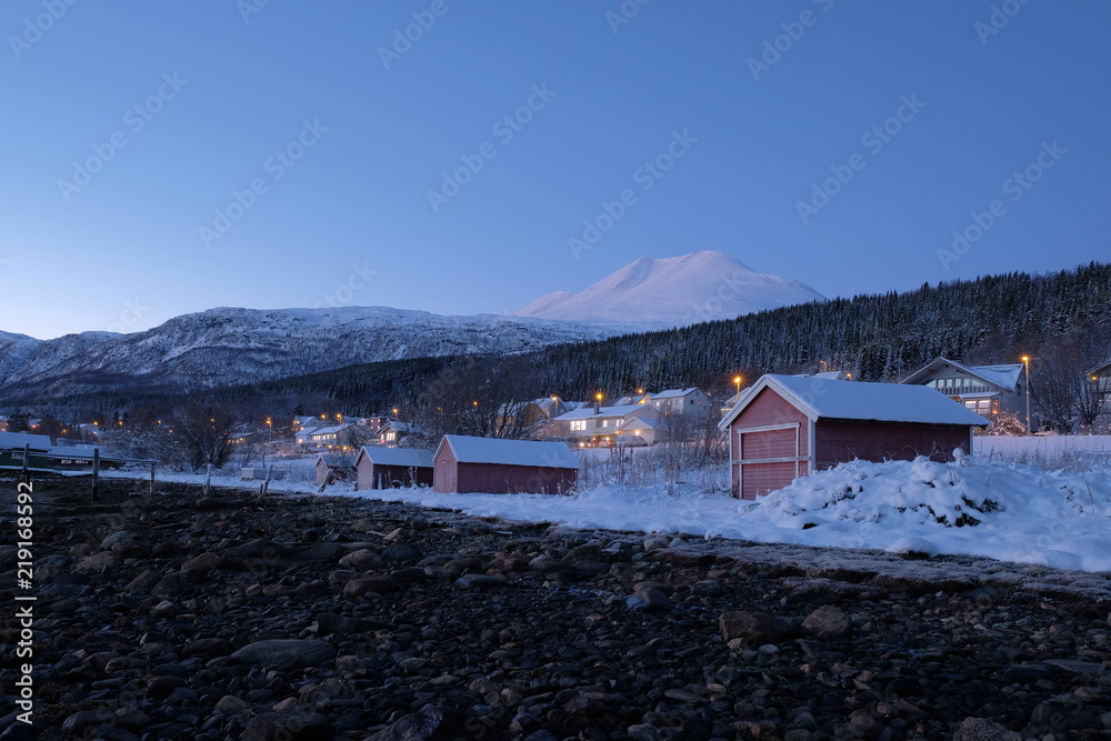 Landscape of Norway in winter during blue hour. Norwegian coastline in winter. Mountain covered with snow at the background.