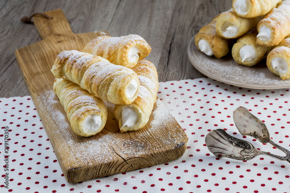 puff pastry creme rolle with cream (traditional Czech dessert) Stock Photo  | Adobe Stock