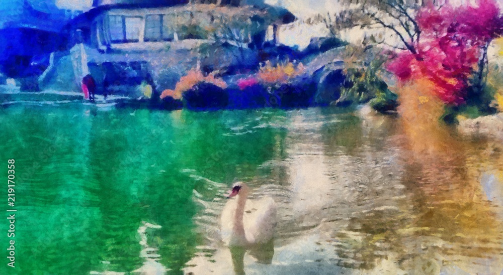 Oil painting. Art print for wall decor. Acrylic artwork. Big size poster. Watercolor drawing. Modern style fine art. Impressionism. Impressionist art. Painting for sale. Swans band. Pond. Beautiful.