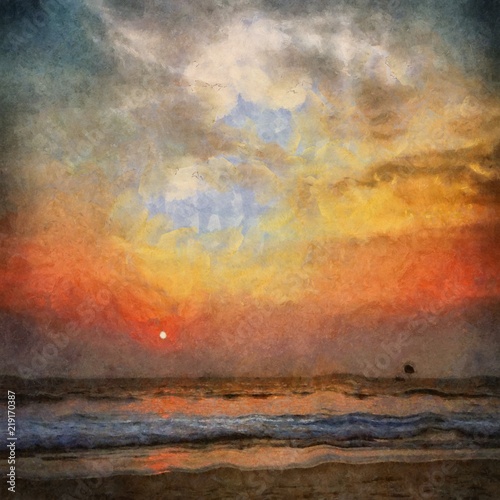 Oil painting. Art print for wall decor. Acrylic artwork. Big size poster. Watercolor drawing. Modern style fine art. Impressionism. Impressionist art. Painting for sale. Beautiful sunset. Nice resort.
