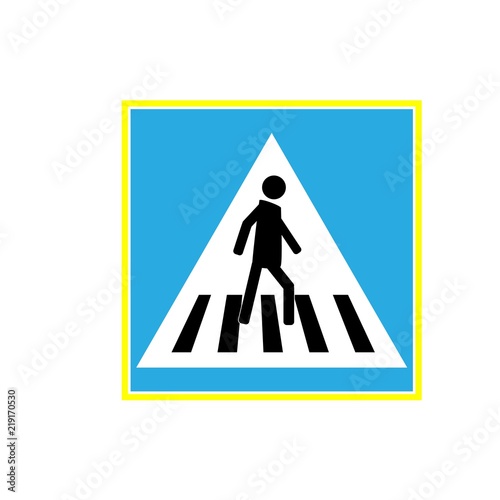 Crosswalk sign black in blue square. Icon a pedestrian place for child near school. Symbol safety traffic human on road. Label for banner about crossing way. Design element. Vector illustration.