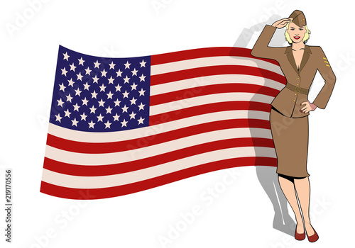 Army girl in retro style wearing soldiers uniform from the 40s or 50s doing military salute and USA flag on the background