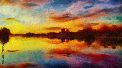 Oil painting. Art print for wall decor. Acrylic artwork. Big size poster. Watercolor drawing. Modern style fine art. Impressionism. Impressionist art. Painting for sale. Sunset. Beautiful landscape. © Pavel