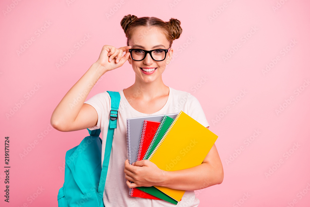 Time to prepare for lessons Young lovely reader girl hold multi - obrazy, fototapety, plakaty 