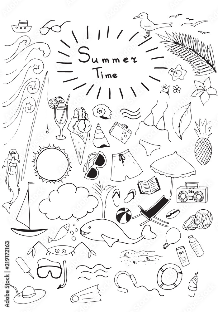 Summer Time Doodle Vector Hand Drawn Set