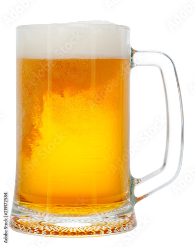 cold mug of beer with foam isolated on white background