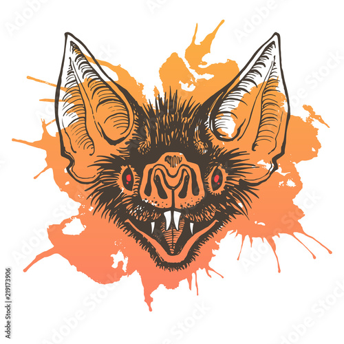 Bat's head realistic hand drawn Halloween, vampire illustration. Scary desmodus with open mouth and bared fangs. Ink drawing with blot. Grinning muzzle with grunge splash. Tattoo design. photo