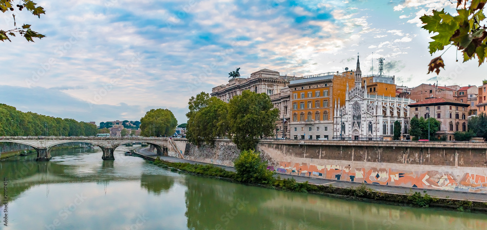 Panorama of Tiber and Church of Sacred Heart of Jesus in Rome