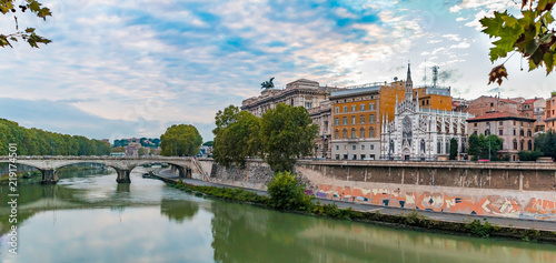 Photography Panorama of Tiber and Church of Sacred Heart of Jesus in Rome