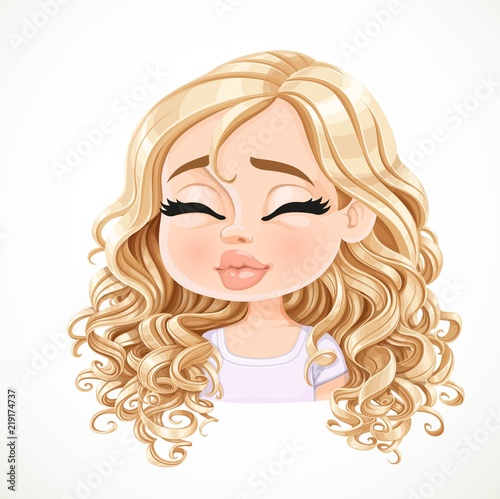 Beautiful kisses cartoon blond girl with magnificent curly hair portrait isolated on white background