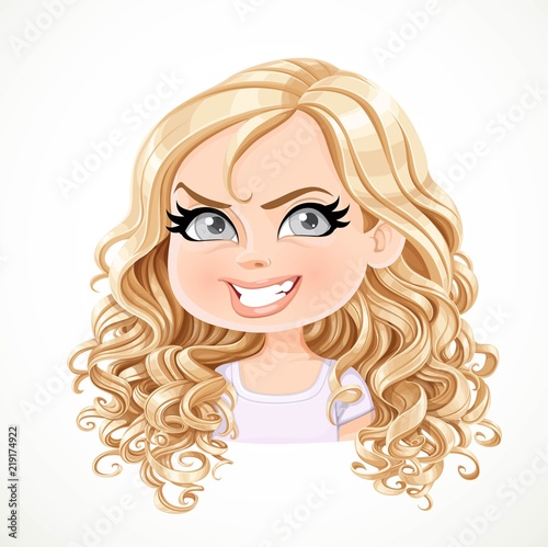 Beautiful insidious cartoon blond girl with magnificent curly hair portrait isolated on white background