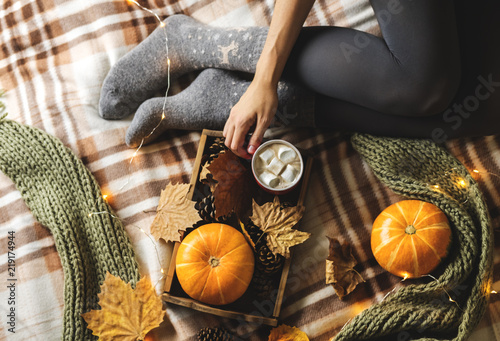 Autumn still life from tray full of pumpkin, leaves, cones, scarf, mug of cocoa, coffee or hot chocolate with marshmallow on plaid with garland. Woman's hand holding cup. Concept warm home comfort.