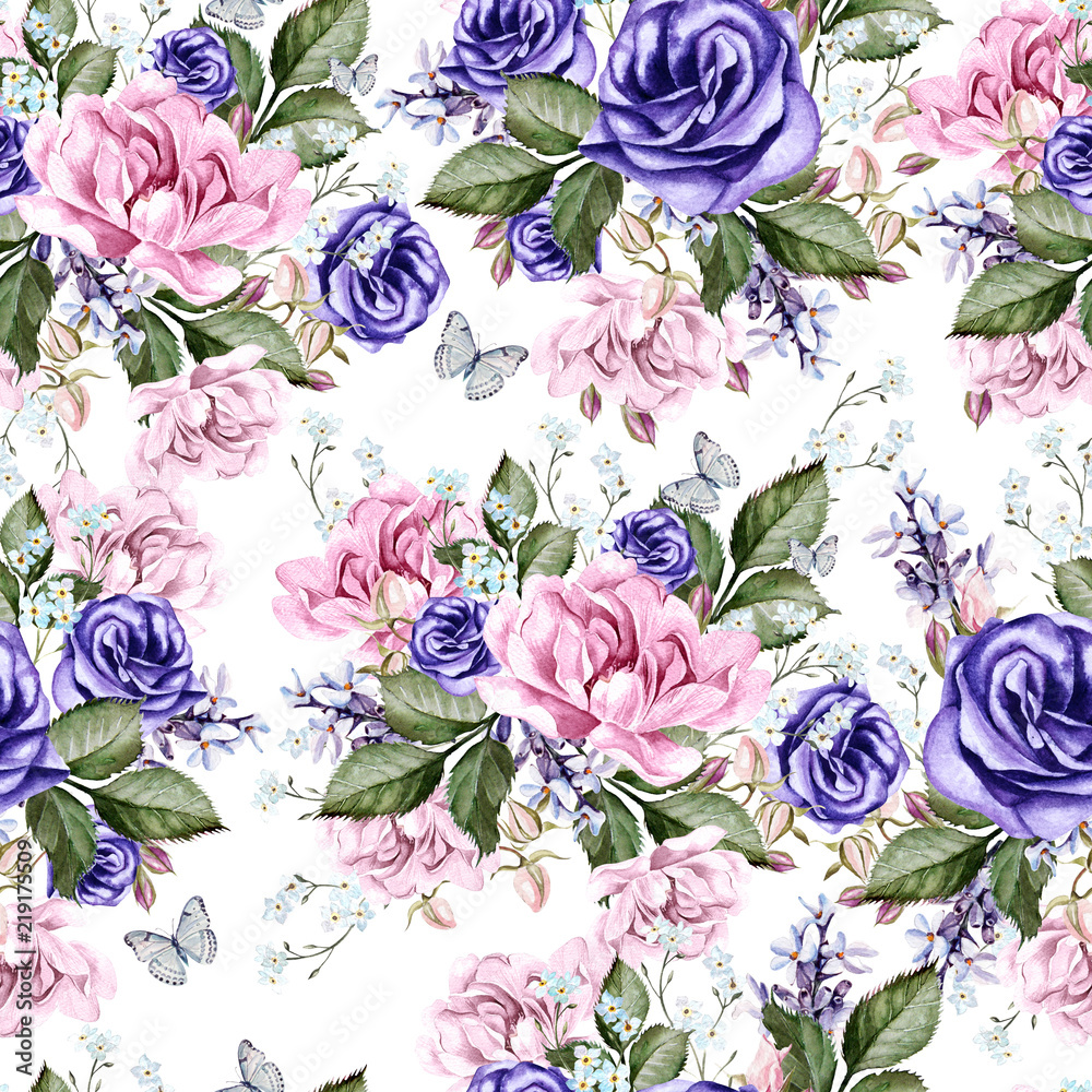Beautiful watercolor pattern with peony flowers, anemone and rose.  