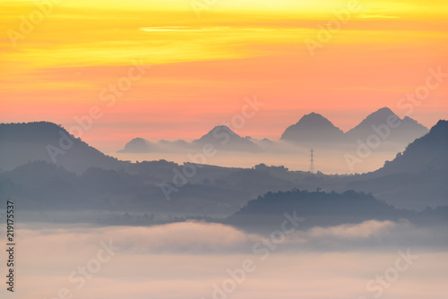 Distant scenic view at dawn / scene of evanescent atmosphere in the evergreen forest. Tree, mountain and a high power tower covered in morning mist. Dense morning fog rolling in over lush wilderness.