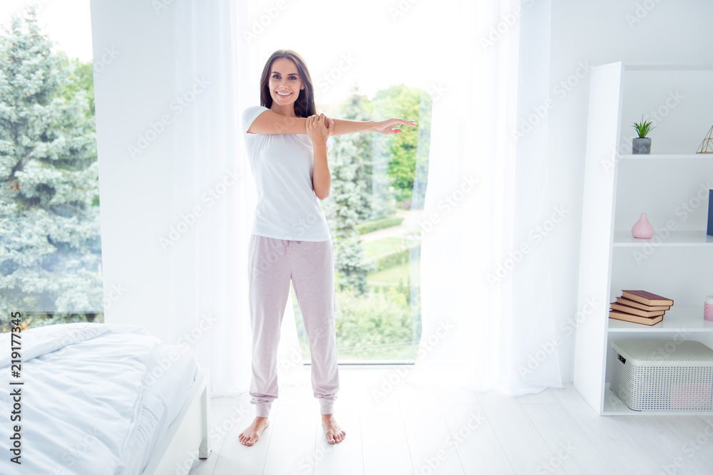 Daily home slimming fitness. Full size body length of lovely cha Daily home slimming fitness. Full size body length of lovely cha