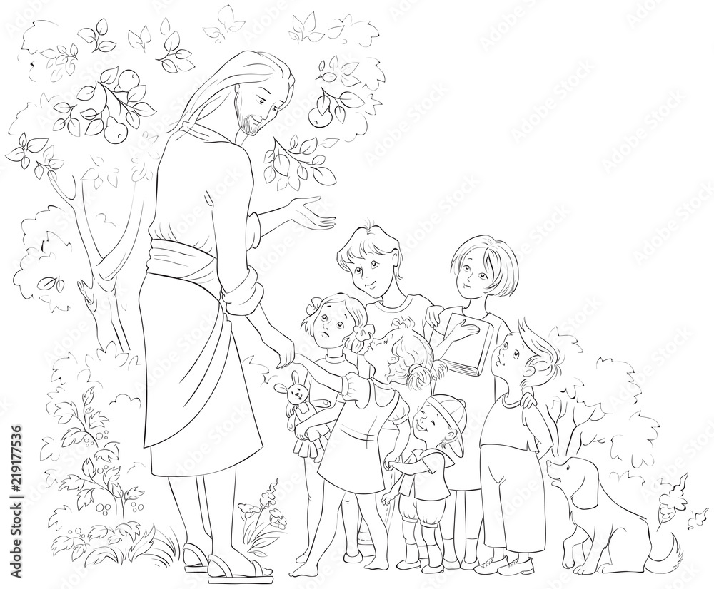 Fototapeta Jesus with Children. Coloring page