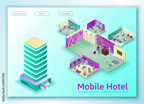 Hotel travel online concept,  landing page template, mobile booking app background with isometric flat icon of building, barbershop, cafe, laundry, fitness sport club, 3d vector illustration