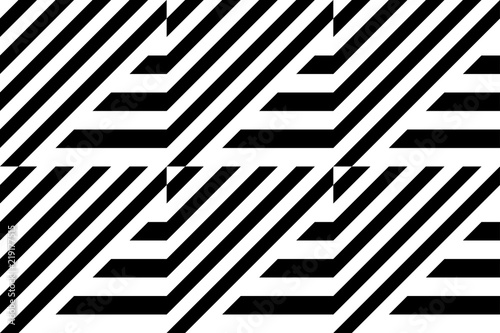Seamless pattern with striped black white straight lines and diagonal inclined lines (zigzag, chevron). Optical illusion effect, op art. Vector vibrant decorative background, texture.