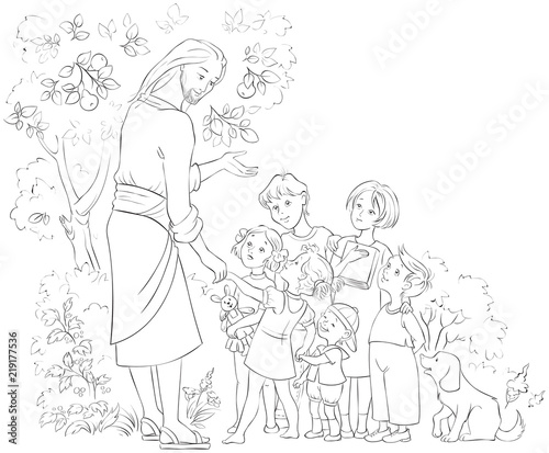 Jesus with Children. Coloring page