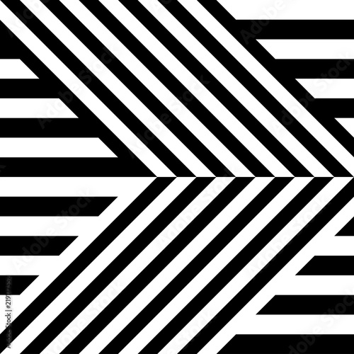 Seamless pattern with striped black white straight lines and diagonal inclined lines (zigzag, chevron). Optical illusion effect, op art. Vector vibrant decorative background, texture.