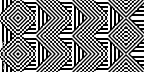 Seamless pattern with striped black white straight lines and diagonal inclined lines (zigzag, chevron). Optical illusion effect, op art. Background for cloth, fabric, textile, tartan.