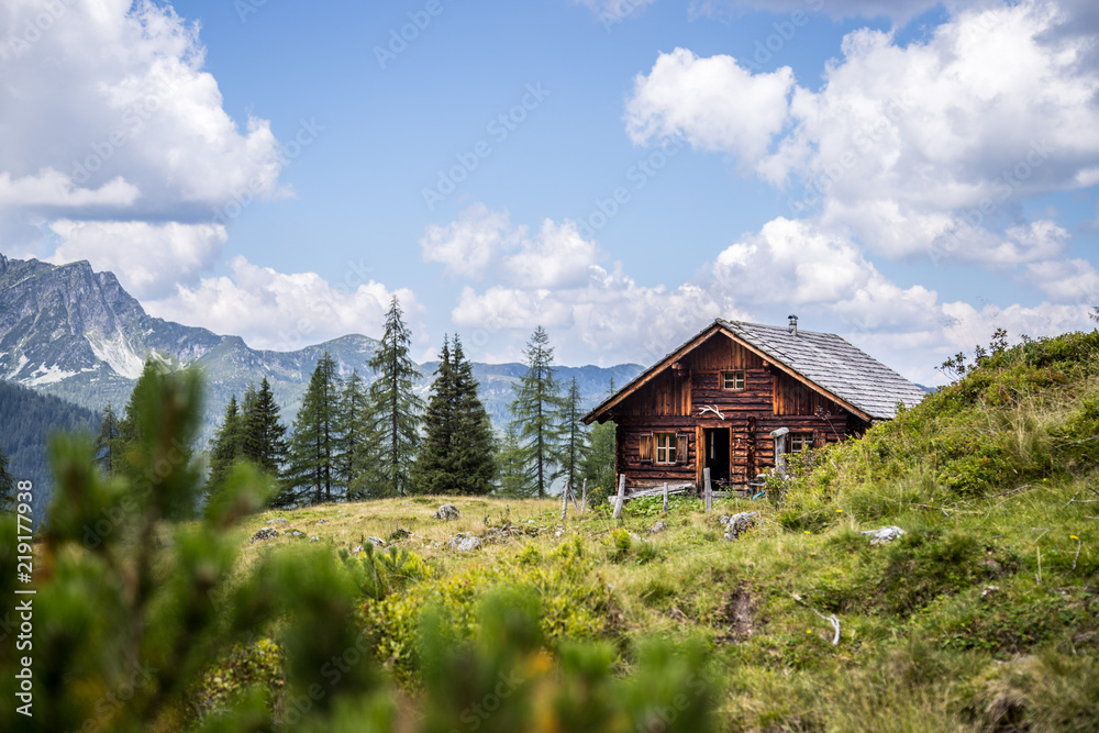 Fototapeta premium Alpejska chata w górach: drzewa, zielona łąka i błękitne niebo