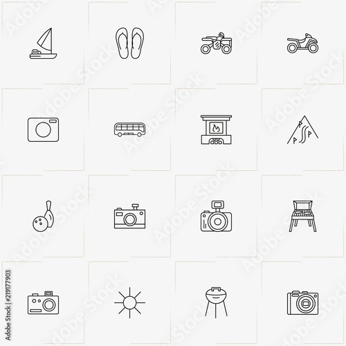 Holiday line icon set with bus , photo camera and sun