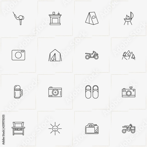 Holiday line icon set with fireplace, photo camera and sun