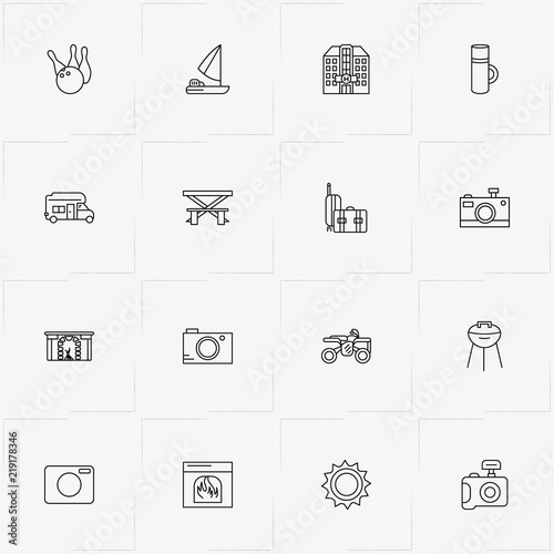 Holiday line icon set with baggage, barbecue stand and sun