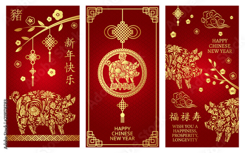 Set of banner with stilysed pig for Chinese New Year 2019. Hieroglyph translation: Happy new year; happiness, prosperity longevity; pig. photo