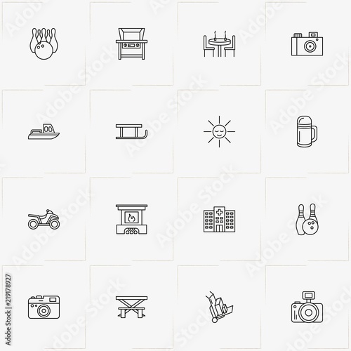 Holiday line icon set with bowling, yacht and fireplace