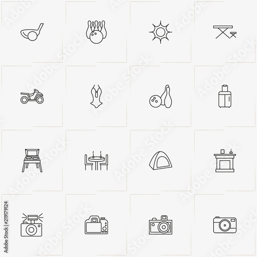 Holiday line icon set with fireplace, women swimsuit  and golf