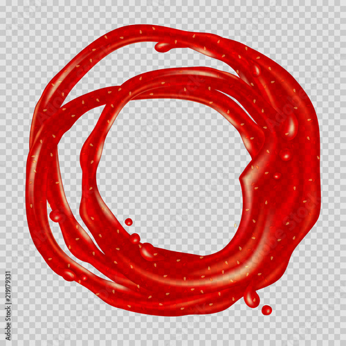 Strawberry jam. Transparent red splash flow in a circle. Realistic vector illustration.