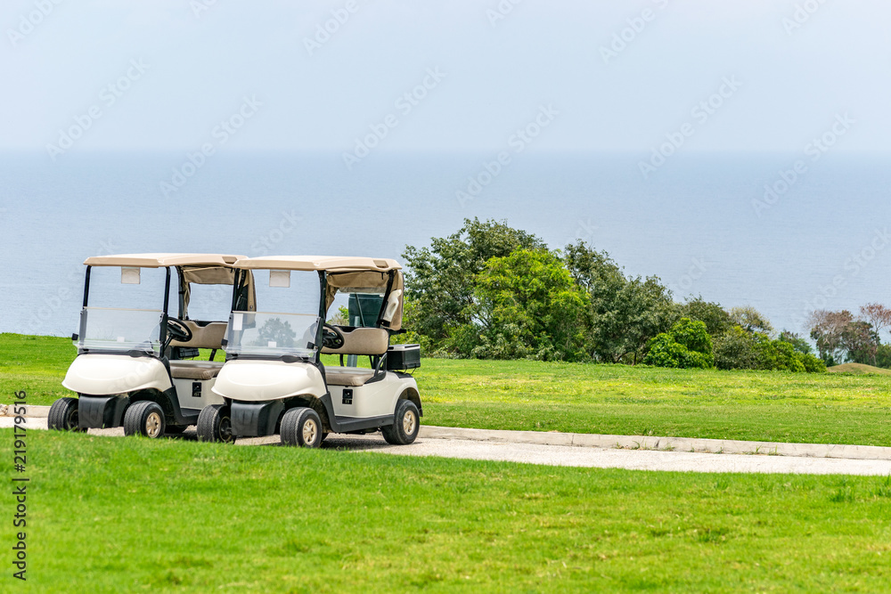 Two empty white golf carts parked beside each other on the driveway of a golf course in Montego Bay, Jamaica
