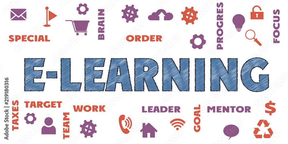 Fototapeta premium E-LEARNING Panoramic Banner with icons and tags, words