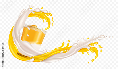 Splashes of milk and juice are intertwined. Dairy and fruit mix in cup of glass. Transparent Yellow splash. Realistic vector illustration.