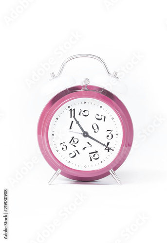 pink clock isolated on white. clock with messy numbers.