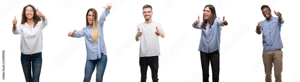 Group and team of young business people over isolated white background approving doing positive gesture with hand, thumbs up smiling and happy for success. Looking at the camera, winner gesture. Group and team of young business people over isolated white background approving doing positive gesture with hand, thumbs up smiling and happy for success. Looking at the camera, winner gesture.