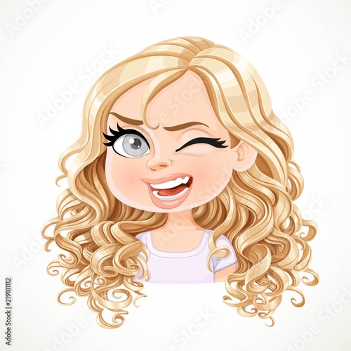 Beautiful cheerily wink cartoon blond girl with magnificent curly hair portrait isolated on white background