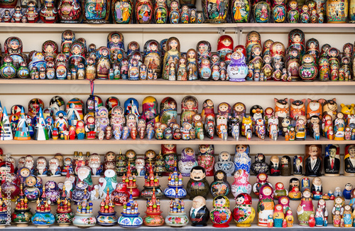 Colorful Russian nesting dolls at the market. photo