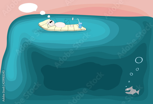 adventure on vacation/ vector illustration a person resting on a mattress swims to a waterfall 