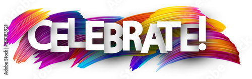Celebrate banner with colorful brush strokes.